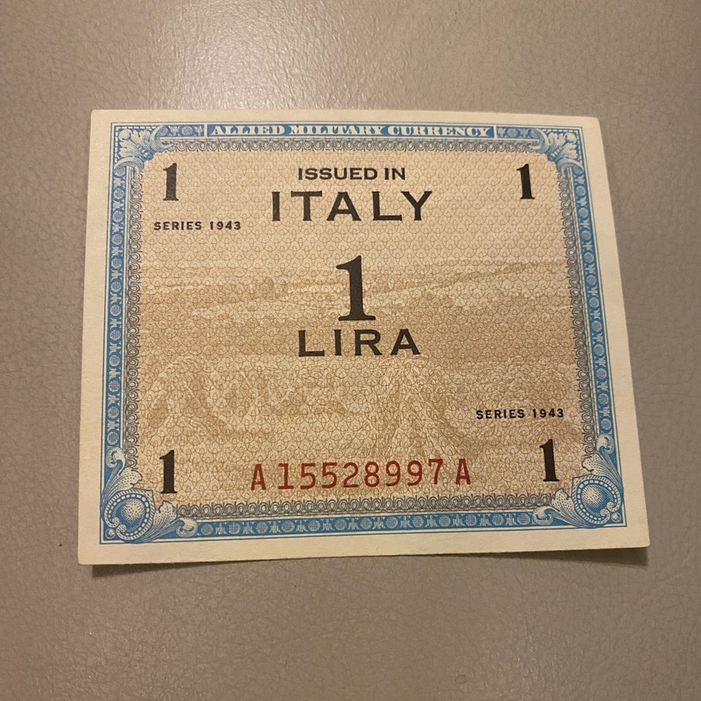 Vintage Allied Military Currency Issued in Italy 1 Lira Note (Series 1943)